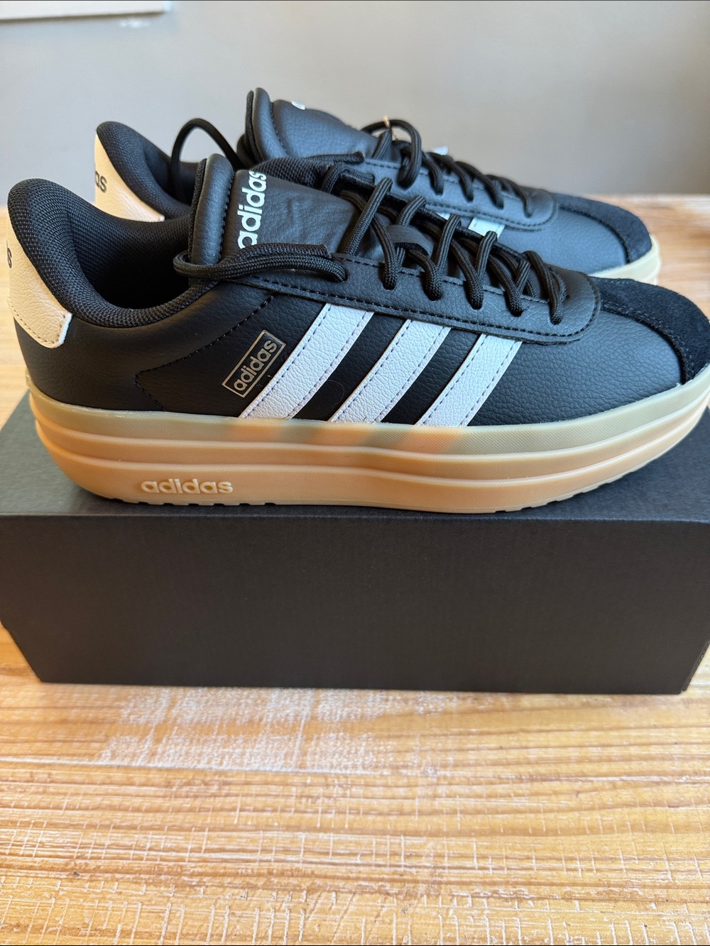Adidas VL Court Bold Black Sneakers with White Stripes and Gum Platform Sole
